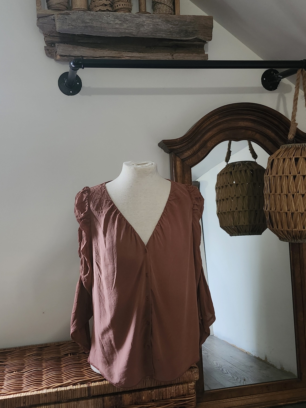Wiflred Button Front Silk Chiffon With Sleeve Ruching Blouse in Dusty Rose
